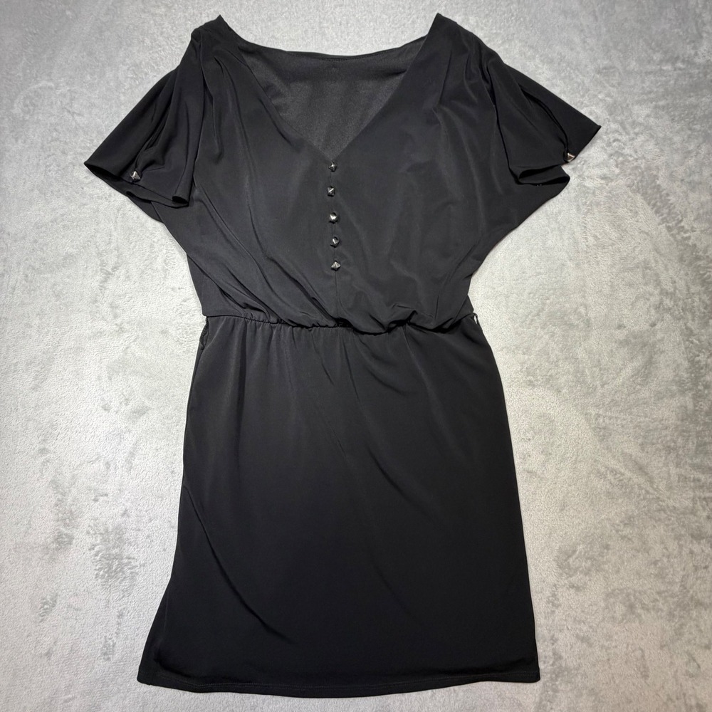 Vintage Style Black V Neck Studded Mini Dress Split Flutter Sleeve Elastic Waist